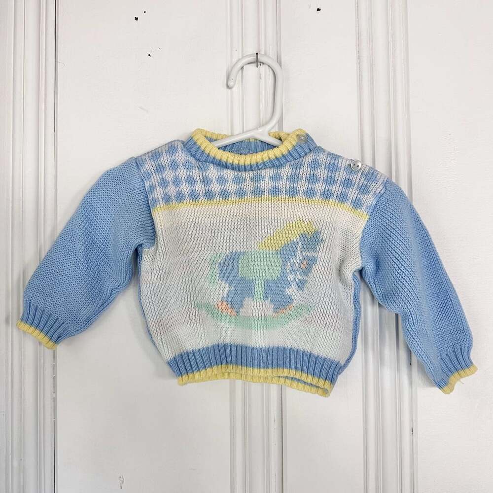 Vintage Knit Baby Sweater, Size 0-6M, Rocking Horse Blue Yellow